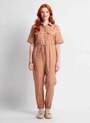 Salopetă-pantalon guler de bluză mâneci scurte maro KOOIOOK femeie