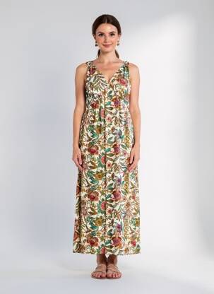 Rochie lungă imprimeu floral fără mâneci verde ELORA femeie