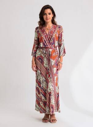 Rochie lungă imprimeu floral mâneci 3/4 portocalie ELORA femeie