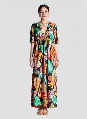 Rochie lungă imprimeu fantezie mâneci scurte negru GOLD & SILVER femeie