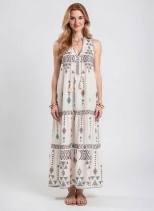 Rochie lungă imprimeu fantezie fără mâneci alb MADE IN ITALY femeie