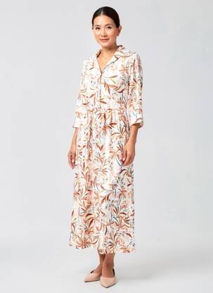 Rochie lungă imprimeu fantezie mâneci 3/4 alb JOY'S PARIS femeie