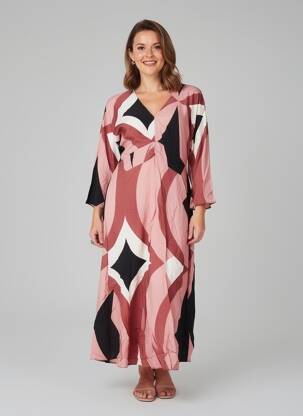 Rochie lungă imprimeu fantezie mâneci lungi roz ANGE femeie