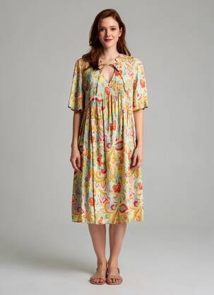 Rochie midi imprimeu fantezie mâneci scurte verde EMA BLUE'S femeie
