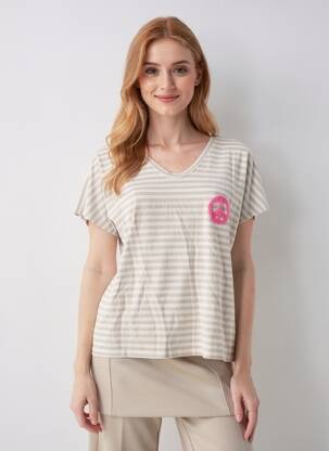 Tricou croială dreaptă mâneci scurte bej AROMA femeie