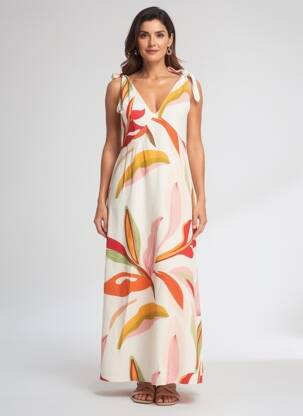 Rochie lungă imprimeu fantezie fără mâneci bej CERISE BLUE femeie