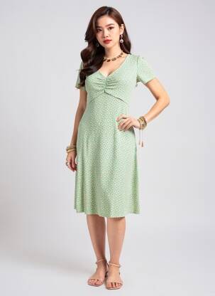 Rochie midi imprimeu fantezie mâneci scurte verde LINGAM femeie