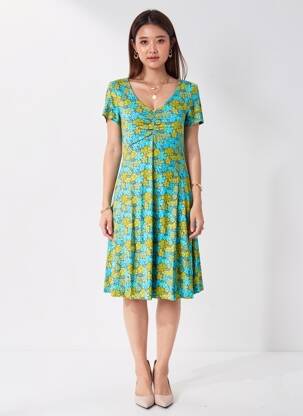 Rochie midi imprimeu fantezie mâneci scurte verde LINGAM femeie