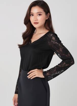 Top țesătură jersey mâneci lungi negru SCHOOL RAG femeie