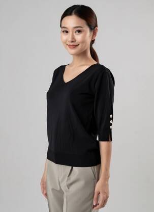 Pulover croială cambrată mâneci 3/4 negru RINASCIMENTO femeie