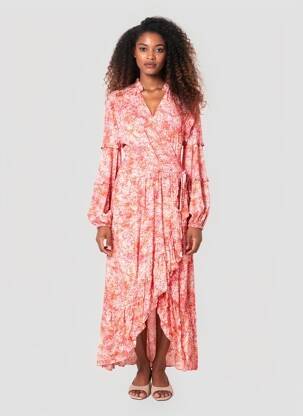 Rochie lungă imprimeu fantezie mâneci lungi portocalie SUNCOO femeie