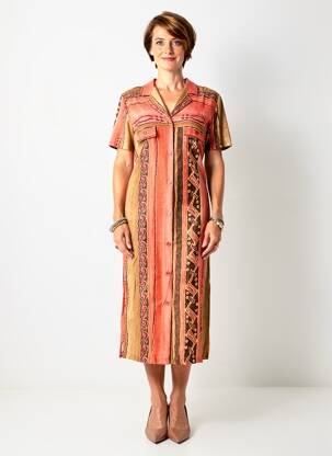 Rochie midi imprimeu fantezie mâneci scurte portocalie ATLANTA femeie