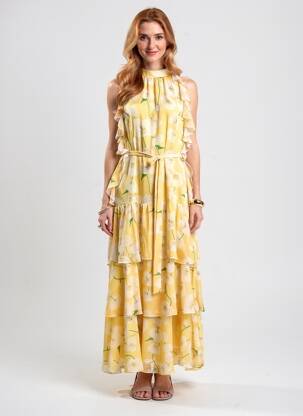 Rochie lungă imprimeu floral fără mâneci galben DE ROYAL femeie