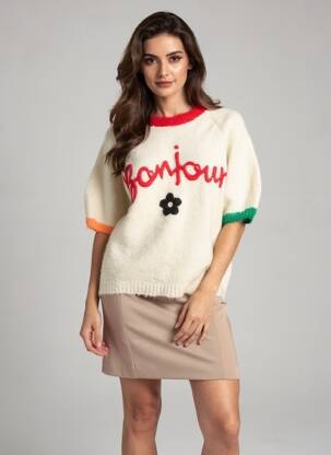 Pulover croială dreaptă mâneci scurte bej DE ROYAL femeie