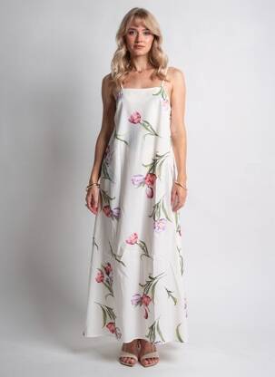 Rochie lungă imprimeu floral bretele subțiri bej LUMINA femeie