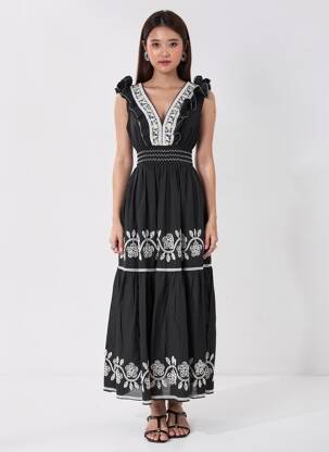 Rochie lungă mâneci scurte mâneci scurte negru ELPPIS femeie