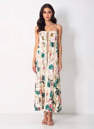 Rochie lungă imprimeu floral bretele subțiri bej LUMINA femeie