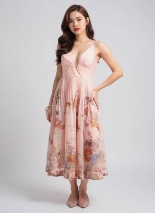 Rochie lungă imprimeu floral bretele subțiri roz DE ROYAL femeie