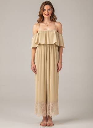 Salopetă-pantalon croială fluidă bretele subțiri bej LUMINA femeie
