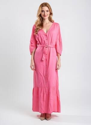 Rochie lungă croială cambrată mâneci 3/4 roz EVA KAYAN femeie