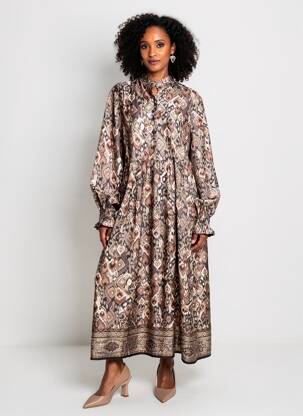 Rochie lungă imprimeu fantezie mâneci lungi maro CREAM femeie