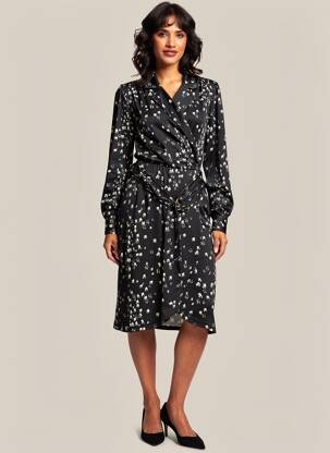 Rochie midi imprimeu fantezie mâneci lungi negru K-DESIGN femeie