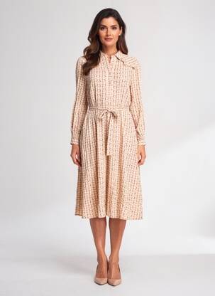 Rochie midi croială fluidă mâneci lungi bej INDI & COLD femeie