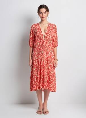 Rochie midi imprimeu floral mâneci scurte portocalie FREEMAN T.PORTER femeie