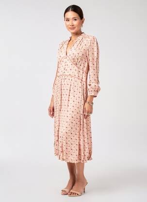 Rochie midi imprimeu fantezie mâneci lungi roz INDI & COLD femeie