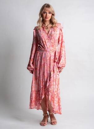 Rochie lungă imprimeu fantezie mâneci 3/4 portocalie SUNCOO femeie