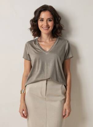 Tricou guler în v mâneci scurte maro BY COCO femeie