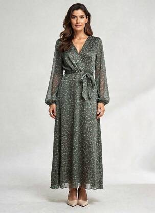 Rochie lungă mâneci lungi mâneci lungi verde LILIE ROSE femeie