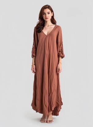 Rochie lungă croială evazată mâneci 3/4 maro BY COCO femeie