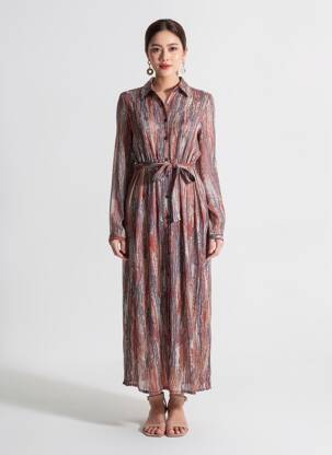 Rochie lungă imprimeu fantezie mâneci lungi albastru LILIE ROSE femeie