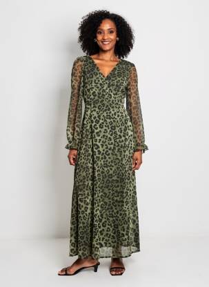 Rochie lungă mâneci lungi mâneci lungi verde LILIE ROSE femeie