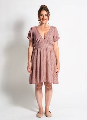 Rochie midi imprimeu fantezie mâneci scurte bej LILIE ROSE femeie