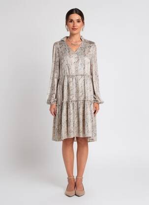 Rochie scurtă croială evazată mâneci lungi bej LILIE ROSE femeie
