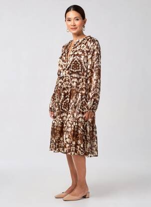 Rochie midi țesătură crep mâneci lungi maro LILIE ROSE femeie