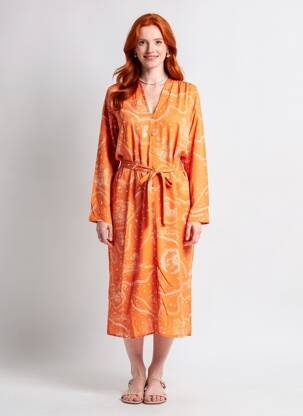 Rochie midi imprimeu fantezie mâneci lungi portocalie ROSEANNA femeie