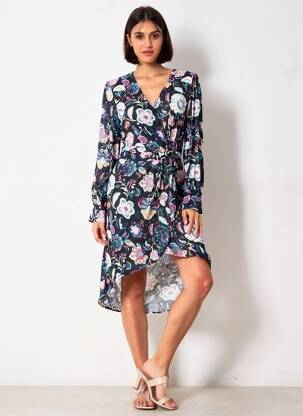 Rochie midi imprimeu fantezie mâneci lungi albastru BERENICE femeie