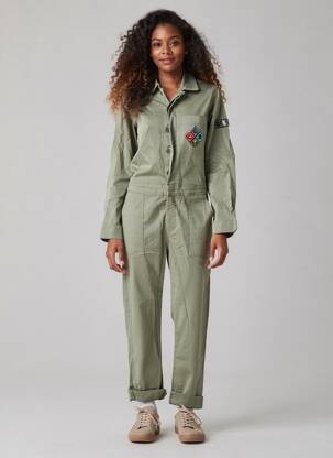 Salopetă-pantalon închidere cu nasturi pe față mâneci lungi verde FIVE femeie