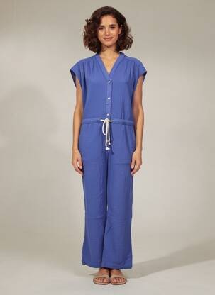 Salopetă-pantalon țesătură crep mâneci scurte albastru HOD femeie