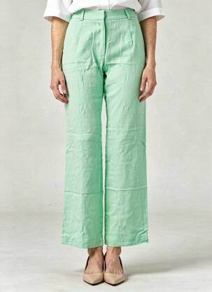Pantalon drept țesătură poplin talie înaltă verde MODETROTTER femeie