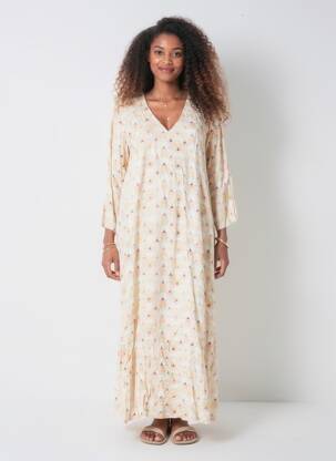 Rochie lungă imprimeu fantezie mâneci 3/4 portocalie MODETROTTER femeie