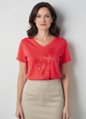 Tricou guler în v mâneci scurte roșu GEVANA femeie