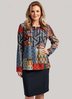 Tricou imprimeu fantezie mâneci lungi albastru GEVANA femeie