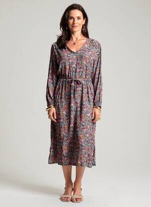 Rochie midi imprimeu floral mâneci lungi negru GEVANA femeie