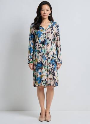 Rochie midi imprimeu floral mâneci lungi albastru GEVANA femeie