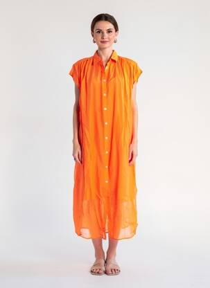 Rochie midi croială fluidă mâneci scurte portocalie HOD femeie