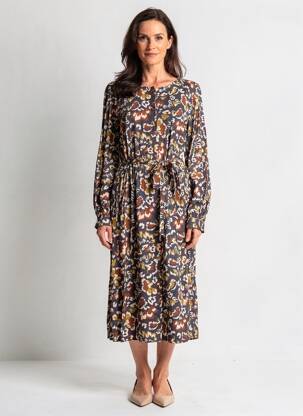 Rochie midi imprimeu fantezie mâneci lungi negru GEVANA femeie